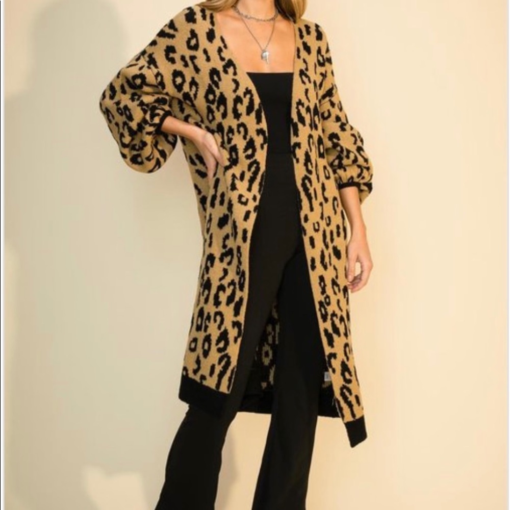 OVERSIZED LEOPARD PRINT LONG CARDIGAN SWEATER STATEMENT SLEEVES